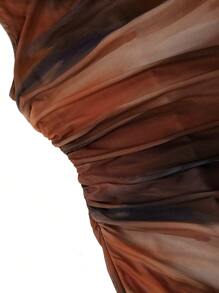 Ellevyn 夏季女式无袖褶皱花卉印花网眼针织连衣裙 - 咖啡 - 查看 6