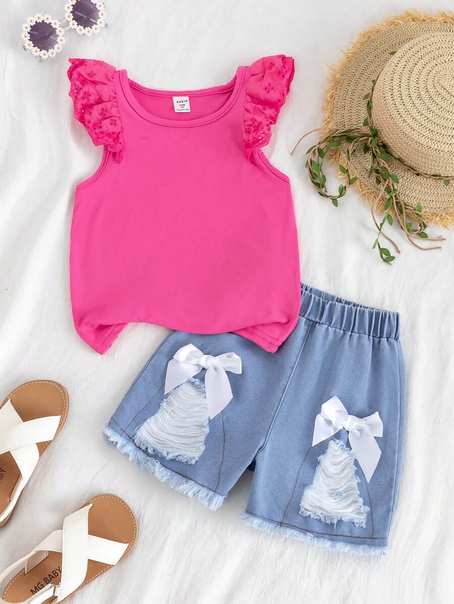 Conjunto de blusa con volantes y moño talla grande shorts vaqueros desgastados, para niña, lindo y divertido - Multicolor - Ver 1