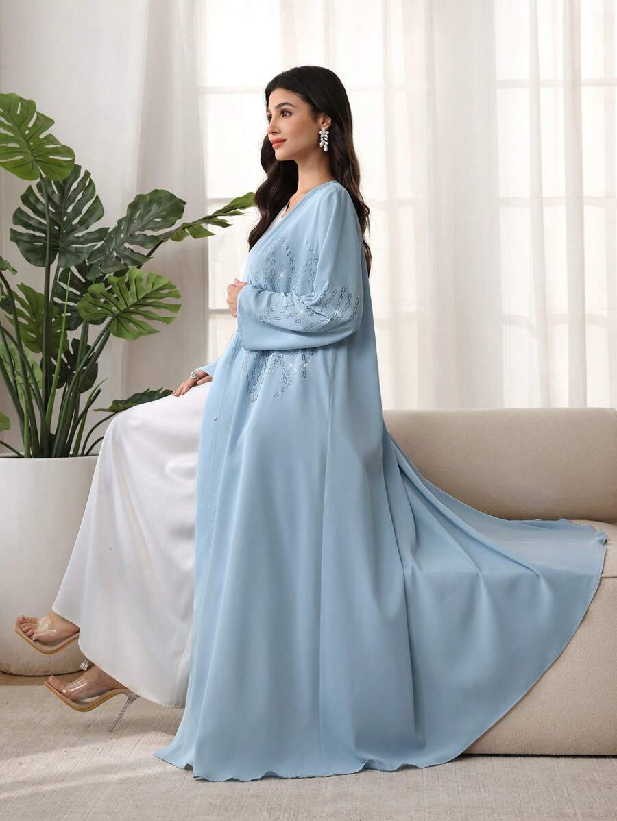 Al Najma Áo choàng trang trí đính đá thanh lịch màu đen rộng rãi cho nữ - Màu xanh nhạt - Xem 1