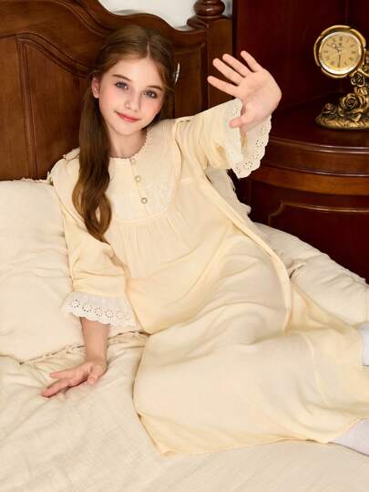 PalaceNights Vintage Palace Style Double Layer Ruffle Patchwork Round Neck Loose Long Sleeve Pearl Button Girls Nightgown