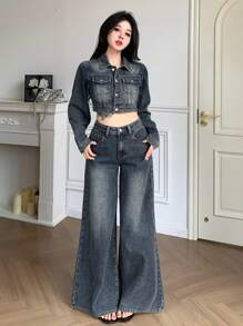 DAZY 2 Stücke Damen Retro Gewaschen Denim Jacke & Weite Hose Set, Lässiger Loose Streetwear Outfit, Herbst/Frühling, Damen Kleidung