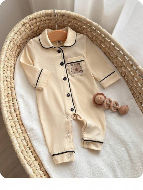 SHEIN Newborn Contrast Trim Cartoon Print One-Piece Jumpsuit