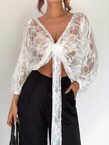 Siren Gaze Lace Top Lace Flower White See-Through Ribbon Blouse Top Women's Elegant Sexy Lace See-Through Blouse Summer White - White - View 2