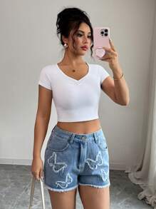 Elenzga Damen Mode Ripped Denim Shorts mit Schmetterling Stickerei - Helle Waschung - Übersicht 4
