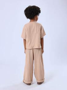 SUMWON Cozy Kids Cheesecloth Two Piece Summer Set Drawstring Pants Wide Leg Henley Top Natural Cotton Style Casual Everyday Wear - Khaki - View 2