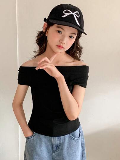 Dazy Kids 青少年女孩露肩修身短袖 T 恤，夏季，返校服装