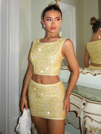 Glamine Charm Conjunto de dos piezas sexy y transparente de verano color amarillo girasol para mujer, conjunto de playa transparente para mujer, nuevo conjunto de 2 piezas de verano para mujer