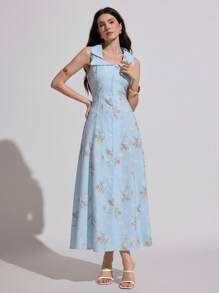 Modelyn Váy dài in hoa lãng mạn cho nữ, làm bằng vải đặc biệt - Màu xanh lam - Xem 4