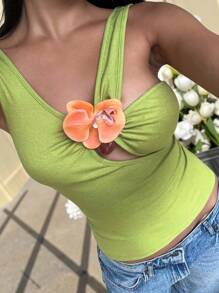 SHEIN EZwear 新款夏季度假女式绿色针织不对称镂空罗纹休闲上衣 - 橄欖綠 - 查看 3