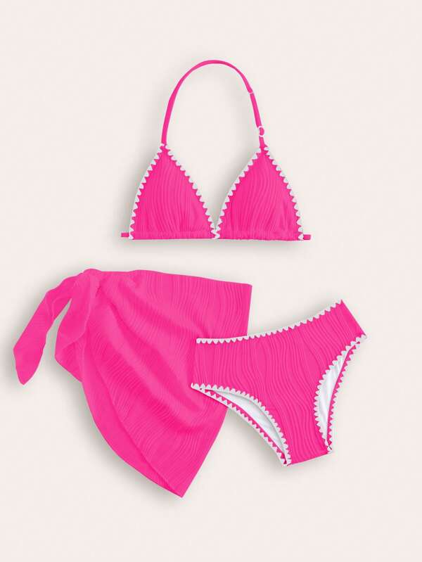 Ensemble bikini adolecente avec Top à encolure ras-du-cou et jupe séparée à ourlet torsadé avec empiècements de couleurs contrastées