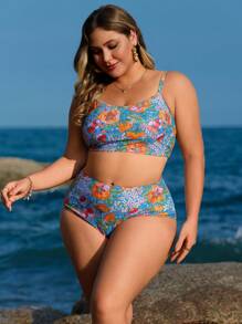 Swim Lushoire Plus Size Casual Cami Bikini Top And Triangle Bottom 2Pcs Swimsuit Set For Summer Beach Vacation