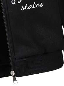 SHEIN ChillGRL Conjunto de 3 piezas para preadolescentes: Chaqueta con capucha con cremallera de felpa y estampado de nombre de lugar, camiseta de manga corta a juego con estampado de nombre de lugar y pantalones de pierna acampanada de felpa - Negro - Ver 7
