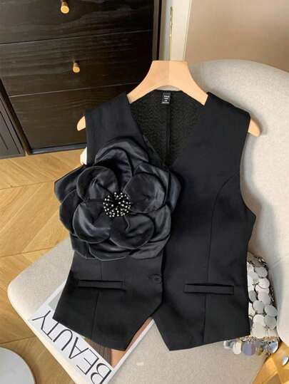 Franclia Chaleco sin mangas de talla grande con decoración floral elegante para mujer, blazer delgado, vestimenta formal de oficina, atuendo de negocios casuales