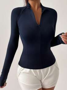 DAZY Plain Fitted Zip-Up Running/Yoga Jacket - Navy Blue - View 3