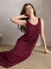 Ocili Váy ngủ Maxi dài mềm mại thoải mái màu trơn Leisure dành cho nữ mùa lễ hội Babydoll - Màu Đỏ Sâu - Xem 2