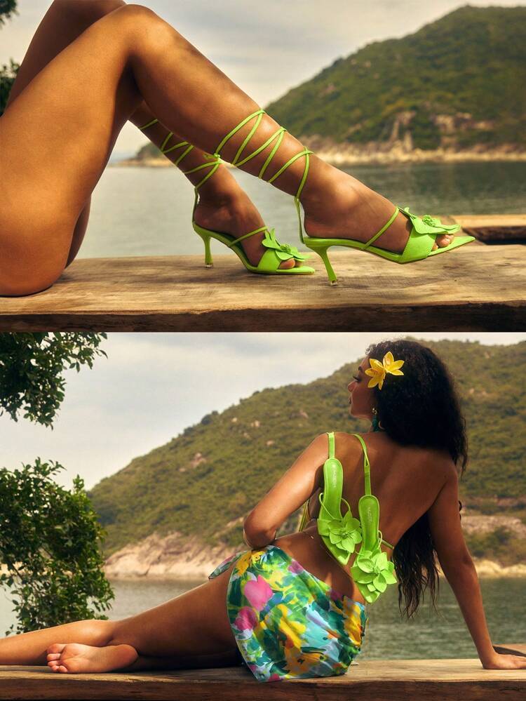 CUCCOO SZL Minimalist Floral Pointy Toe Stiletto High Heel Sandals, Sexy & Fashion Strappy High Heels Green Shoes For "Bad Girl" Night Out, Street Style, Date, Party, Summer