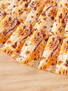 2pcs Girls Graphic Print Top And Color Block Skirt Set - Yellow - View 7