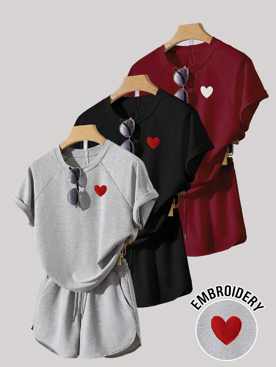 INAWLY Set de 3 camisetas casuales para mujer con mangas raglán y bordado de corazón, de corte holgado - Multicolor - Ver 1