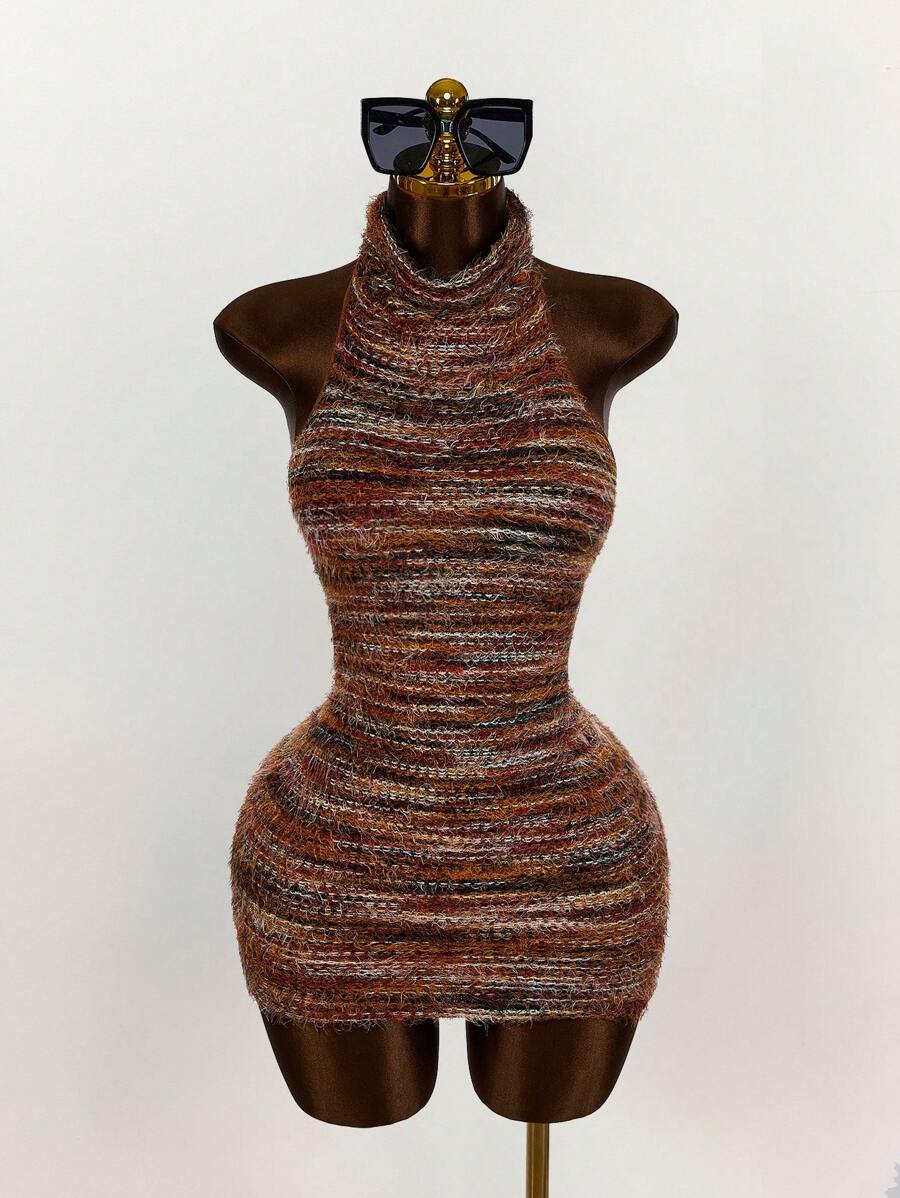 Amplova 复古性感女式露背迷你连衣裙，针织面料，夏季 - 彩色 - 查看 1