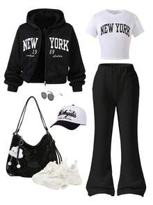 SHEIN ChillGRL Conjunto de 3 piezas para preadolescentes: Chaqueta con capucha con cremallera de felpa y estampado de nombre de lugar, camiseta de manga corta a juego con estampado de nombre de lugar y pantalones de pierna acampanada de felpa - Negro - Ver 1