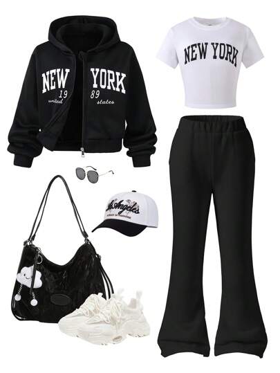 SHEIN ChillGRL 青少年三件套服装：带地名印花的羊毛连帽拉链夹克、同色系地名印花短袖 T 恤和羊毛喇叭裤