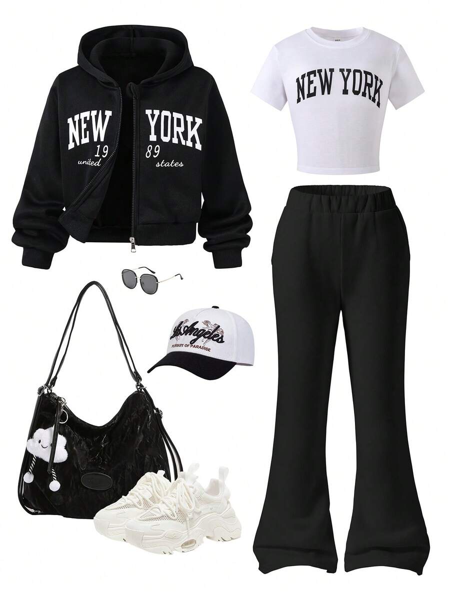 SHEIN ChillGRL Conjunto de 3 piezas para preadolescentes: Chaqueta con capucha con cremallera de felpa y estampado de nombre de lugar, camiseta de manga corta a juego con estampado de nombre de lugar y pantalones de pierna acampanada de felpa - Negro - Ver 1