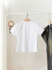 Resyla 女式简约人造珍珠心形铆钉圆领短袖T恤，夏季 - 白色 - 查看 2