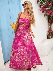 Vivid Eden 波西米亚风格印花吊带系带腰部镂空串珠装饰女式连衣裙，非常适合度假 - 彩色 - 查看 6
