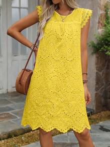 SHEIN Tall Women Crochet Embroidered Mini Ruffled Sleeve Lace Decor Vacation Beach Dress (Random Embroidery) - Yellow - View 4