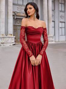 Glamrae Đầm xòe rộng sang trọng, thanh lịch, trễ vai, tay ngắn, chất liệu satin xuyên thấu, phối ren và họa tiết, thích hợp cho đám cưới, tiệc độc thân, kỳ nghỉ, dạ hội, hẹn hò, các dịp trang trọng (phiên bản cao cấp), dành cho Ngày Valentine. - Đỏ - Xem 7