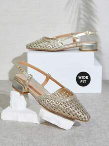 SHUZIA 女士宽版露跟日常简约可爱性感高跟鞋 - 金色 - 查看 2