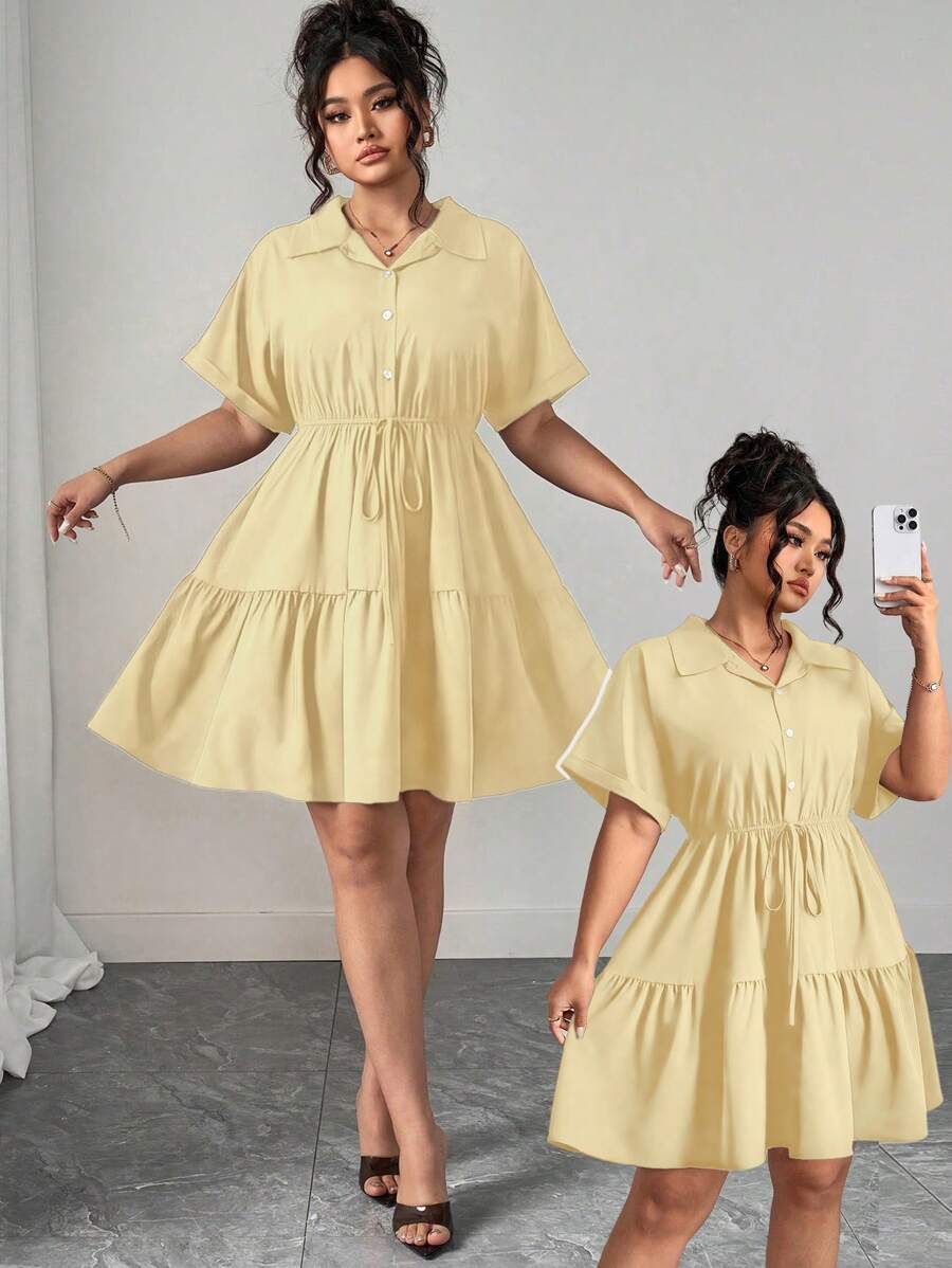 Elenzga 大码宽松休闲衬衫式连衣裙，细节丰富 - 黃色 - 查看 1