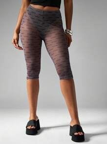 Missguided x Playboy 高腰卡普里徽标印花紧身裤，弹力中长款时尚下装，Y2K 节日街头服饰 - 黑色 - 查看 1