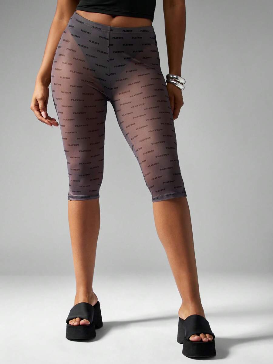 Missguided x Playboy 高腰卡普里徽标印花紧身裤，弹力中长款时尚下装，Y2K 节日街头服饰 - 黑色 - 查看 1