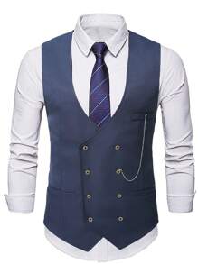 Manfinity Bizformal 男士纯色双排扣V领休闲背心，复古风