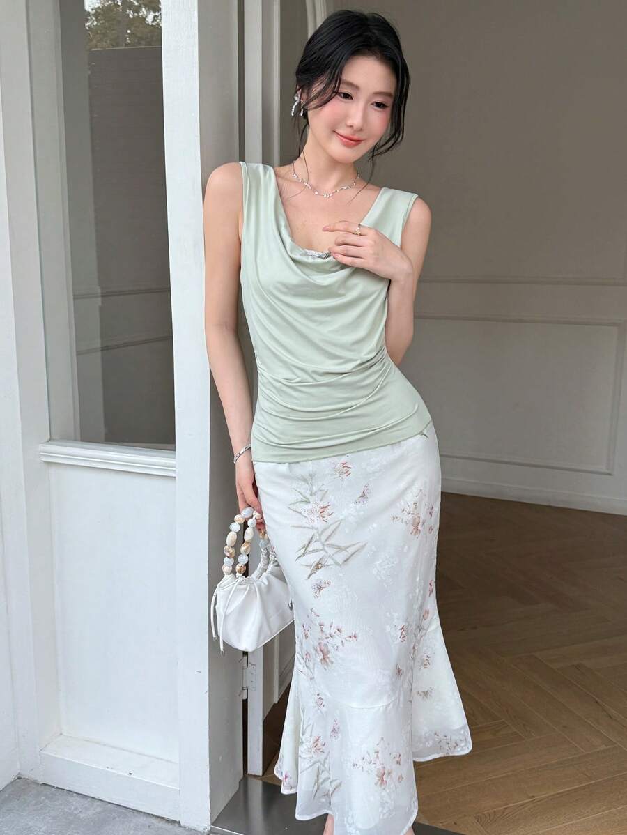 SHEIN LUNE Damen Eleganter Business- und Reiserock im chinesischen Stil mit Blume Muster und Meerjungfrauensaum - Verschiedenfarbig - Übersicht 1