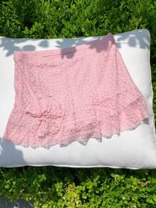 Comfortcana 女式花卉蕾丝荷叶边下摆装饰3D花朵时尚短裙 - 粉色 - 查看 5