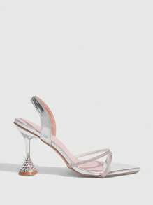 CUCCOO SZL Sandalias de tacón alto sexy y elegantes para mujer con tiras de tobillo con diamantes de imitación, punta puntiaguda, tacón acampanado y tacón con diamantes de imitación, de piel de imitación blanca, con empalmado transparente de PVC, para usar en discotecas, citas, festivales de música y fiestas de moda