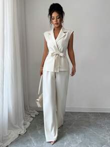 INAWLY Women Summer Casual Commute Versatile Solid Lapel Collar Self-Tie Belt Sleeveless Shirt And Loose Wide Leg Pants Set