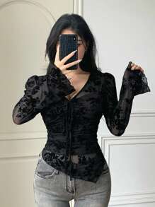 DAZY Ditsy Floral Asymmetric Hem Drawstring V-Neck Fitted Blouse With Bell Sleeves, Suitable For Spring & Summer Long Sleeve Women Tops,Fall Women Clothes