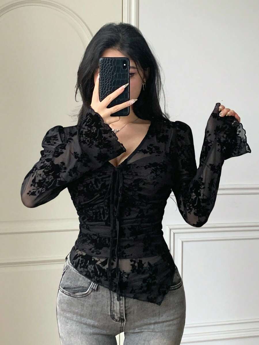 DAZY Ditsy Floral Asymmetric Hem Drawstring V-Neck Fitted Blouse With Bell Sleeves, Suitable For Spring & Summer Long Sleeve Women Tops,Fall Women Clothes