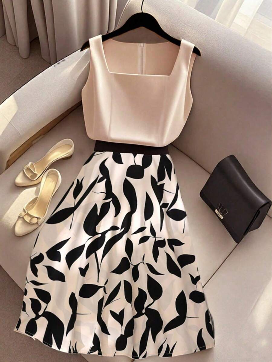 Franclia Fashionable Sleeveless Contrast Color Print Women Dress - Multicolor - View 1