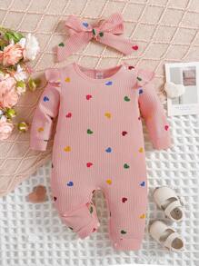 SHEIN Cute & Sweet Autumn Newborn Baby Heart Print Jumpsuit, Cozy Knit Long Sleeve Jumpsuit With Headband - Dusty Pink - View 2