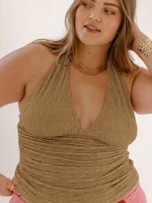 Aralina Áo thun cổ yếm xếp nếp Curve Plus Size Slim Fit hở lưng buộc dây khi đi chơi - Màu Khaki - Xem 2