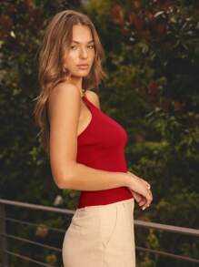 Aralina Top de punto acanalado con detalle de un solo hombro y anillo, unicolor, para mujer, de verano