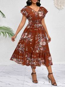 SHEIN Lady 花卉印花荷叶边褶饰下摆系带连衣裙中长连衣裙休闲日常优雅派对四季生日和活动连衣裙/办公室连衣裙/节日连衣裙 - 酒紅色 - 查看 5