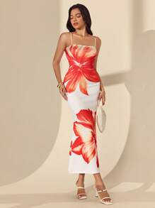 Almamuse 女士浪漫长款花卉印花细肩带连衣裙，假日风格 - 彩色 - 查看 4