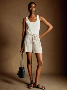 Écloséra French Vintage Style Women's Summer Striped Casual Shorts - Khaki - View 5