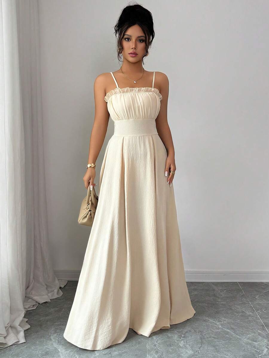 Elenzga 女士无袖方领系腰奶油黄色 A 字荷叶边下摆优雅浪漫精致连衣裙 - Butter Yellow - 查看 1