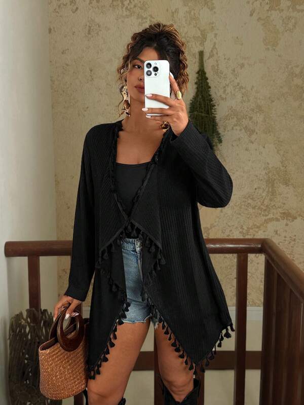 Travachic Plus Size Women Casual Loose Tassel Trim Cardigan, Long Sleeve Thin Open Front Outwear Black Cardigan Summer Cardigan For Women Black Coverups For Women  Black Tassel Cardigan,Fall Women Clothes